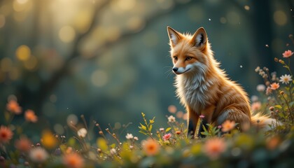 Red Fox Sitting Amidst Spring Flowers In Sunlight