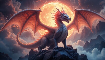Majestic Dragon Perched Atop Mountain Before Blood Moon
