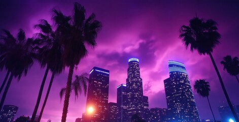 Fototapeta premium Vibrant los angeles skyline at dusk with palm trees and illuminated skyscrapers.