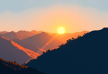 Obraz premium Beautiful sun setting behind layered mountain ranges with trees