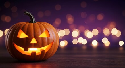 Fototapeta premium Glowing Jack-o'-lantern on Halloween Night with Festive Bokeh Lights
