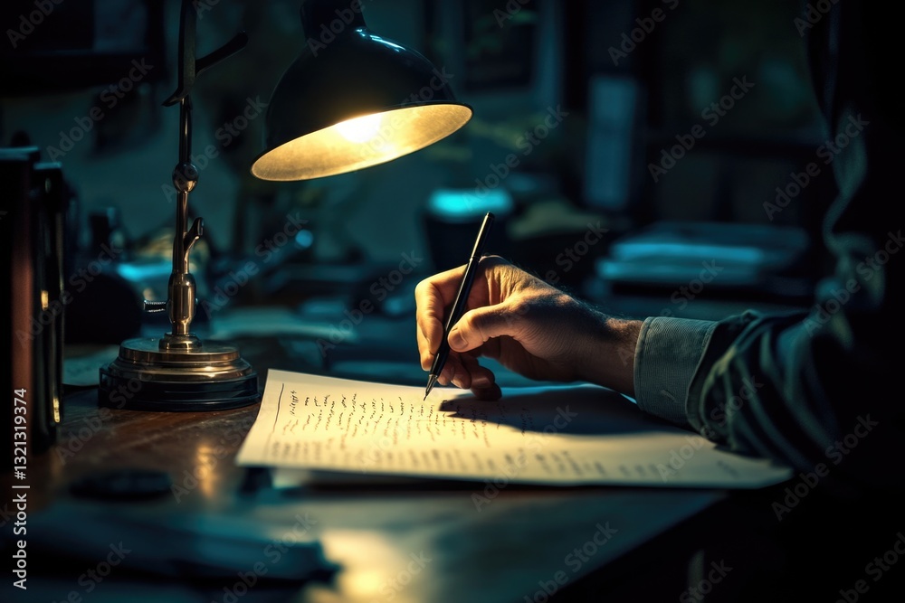 Poster close-up of hands writing on a piece of paper under a soft lamp light, ideal for illustrations, arti