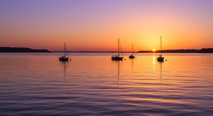 Sailboats Silhouetted at Sunset on Calm Water: Boats, Lake, Evening Glow, Reflection, Marine, Nautical