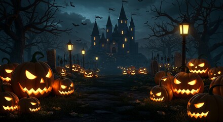Spooky Halloween Night: Jack-o'-lanterns Illuminate Path to Haunted Castle