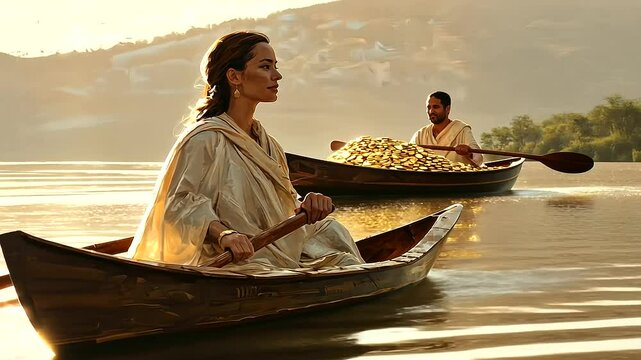 A woman rowing a boat with a lighter load ahead of a man