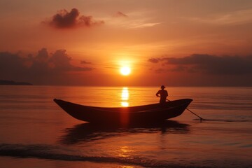 Obraz premium Fisherman paddles a boat in calm waters at sunset near a tropical coast