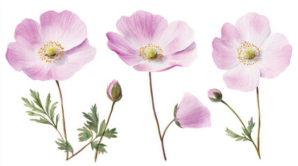 Hand-drawn botanical artwork, watercolour set of pink flowers, and floral motifs isolated on white background.