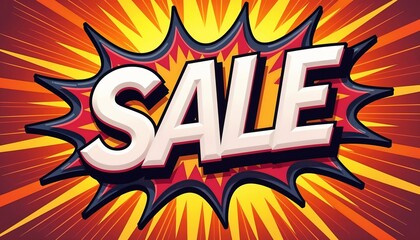 High-energy sale poster, comic-style typography, explosive background, copy space