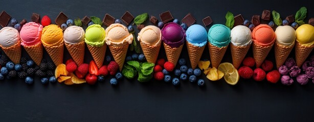 Obraz premium Colorful ice cream cones with assorted fruits and chocolate on dark background.