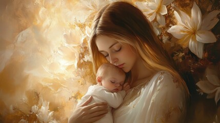 Tender Mother and Baby  Peaceful Sleep  Golden Light  Floral Background