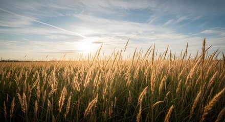 Golden Wheat Field at Sunset with Blue Sky and Wispy Clouds Landscape