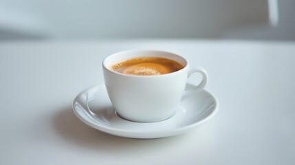 Serving Fresh Espresso in White Cup on White Tabletop Close-up
