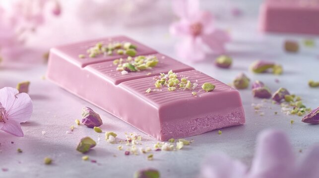 Pink ruby chocolate bar with pistachios and blossom on light background.