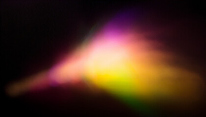 Fototapeta premium Color light overlay. Defocused yellow-pink radiance soft texture on dark black abstract empty space background. Light in the galaxy with gradient colors on black background.