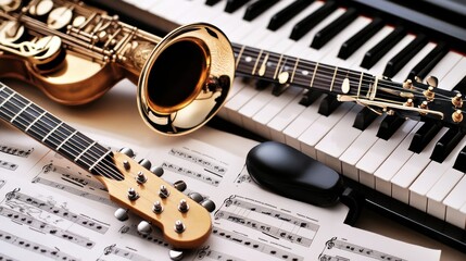 Obraz premium Golden Saxophone Guitar Keyboard Music Sheets Background