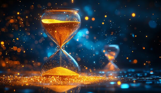 Hourglass sand flowing at night, sparkles background, for concept and time pass