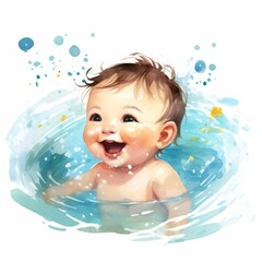 Adorable Infant Splashing in Cool Water A Joyful Watercolor Painting of Baby Swimming Lesson Fun