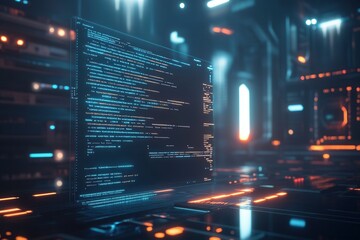 Digital interface showcasing code in a futuristic room highlighted by glowing screens and aligned with the golden ratio grid