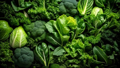 A fresh and healthy vegetable background with neatly arranged green leafy vegetables like kale, spinach, and lettuce, creating a natural, organic feel with soft-focus edges."