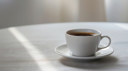 Obraz premium Cup of Hot Coffee on Table with Sunlight Creates a Warm Mood