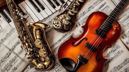 Obraz premium Golden Saxophone Violin Guitar Piano Sheet Music Background