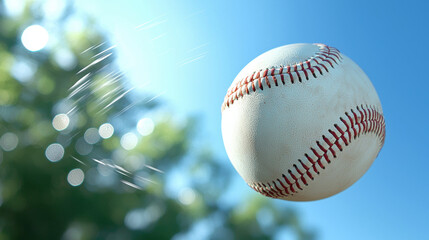 baseball soaring through clear blue sky, showcasing motion and excitement