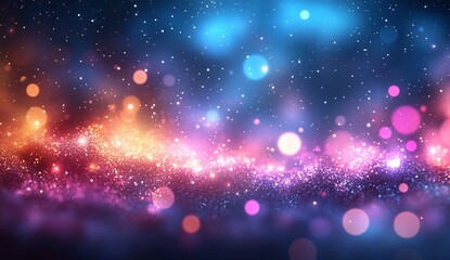 Space glitter dust backdrop with colorful cosmic cloud, stars, bokeh lights use