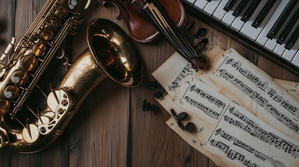 Obraz premium Golden Saxophone Violin Piano Music Sheets Dark Wood Background