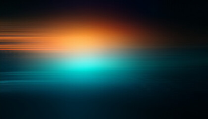 Fototapeta premium Color light horizontal overlay. Blurred orange-turquoise radiance soft texture on dark black abstract empty space background. Light in the galaxy with gradient colors on black background.