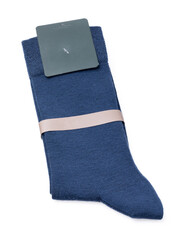 Folded in half pair of blue socks isolated on white background