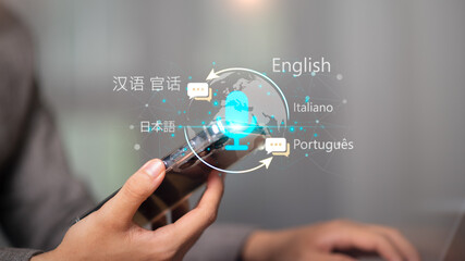 Translations using the microphone voice ,The concept of speaking different languages ​​around...