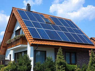Fototapeta premium Modern Architecture Meets Eco-Friendly Solar Energy: Roof-Mounted Solar Panels Enhance Residential Home Value and Urban Sustainability