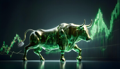 Obraz premium Digital Stock Market Chart with Rising Green Graph and Bull Market Symbol