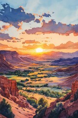 Naklejka premium Canyon Valley Sunset Watercolor Painting Landscape with Clouds Nature Scenery and Golden Light