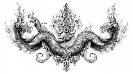 Monochrome Thai Naga Serpent  Mythical Creature  Asian Dragon Art