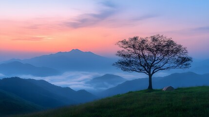 Obraz premium Breathtaking sea of clouds floats between mountains at dawn, with lone bare tree silhouetted against pastel sky, green meadow in foreground, and small tent in misty, minimalist landscape.