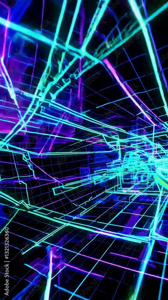 Poster futuristic neon grid tunnel with dynamic glowing lines and abstract geometric patterns