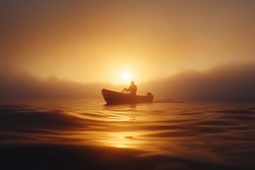 Serene dawn on a misty lake as a lone fisherman paddles towards the rising sun