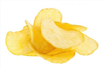 A pile of yellow potato chips on a white background. Potato chips isolated on white background