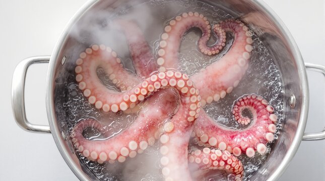 Close-up of octopus tentacles boiling in a stainless steel pot, with steam rising. Captured on a light background, showcasing culinary preparation. Ai generative