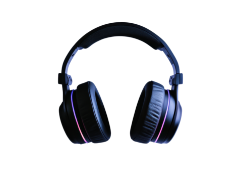 A high-tech gaming headset with LED lighting, sharp details, isolated on a pure white background, studio photography.