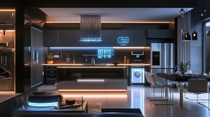 Sleek futuristic smart home interior showcasing interconnected appliances and lighting