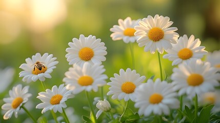 Fototapeta premium Delicate white daisies with yellow centers bloom in soft natural light across meadow, featuring lavender-tinted petals and honey bee, set against lush green foliage with shallow depth of field.