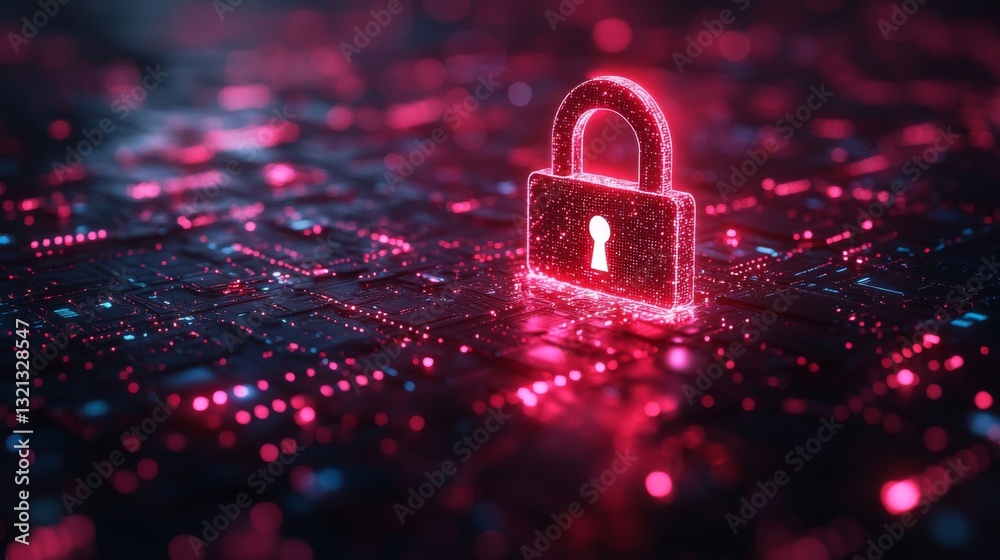 Leinwandbilder A glowing lock symbol signifies quantum encryption and security on a digital circuit board backdrop, illustrating concepts like eavesdropping and key protocols in data protection.