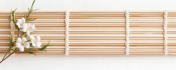 Serene Blossom Arrangement on Bamboo Mat Radiating Tranquility and Natural Aesthetic Appeal