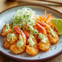 Fototapeta premium Delicious Tempura Shrimp Delight with Fresh Greens and Citrus Wedge Culinary Experience