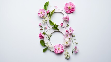 Elegant Number Eight Decoration with Spring Flowers on White Background for International Womens Day