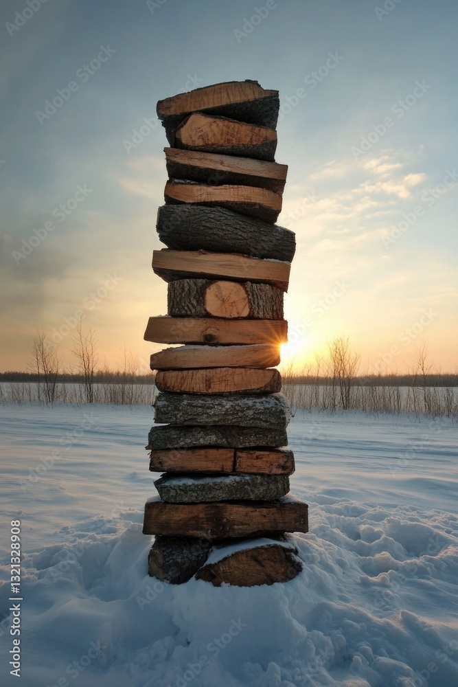Poster a stack of logs sits atop snowy terrain, ideal for winter scenes or rustic settings