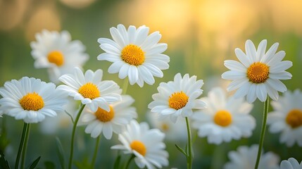 Fototapeta premium Delicate white daisies with yellow centers bloom in soft natural light across meadow, featuring lavender-tinted petals and honey bee, set against lush green foliage with shallow depth of field.