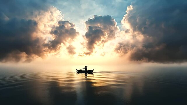 Amansteeringaboatawayfromastorminacalmsea